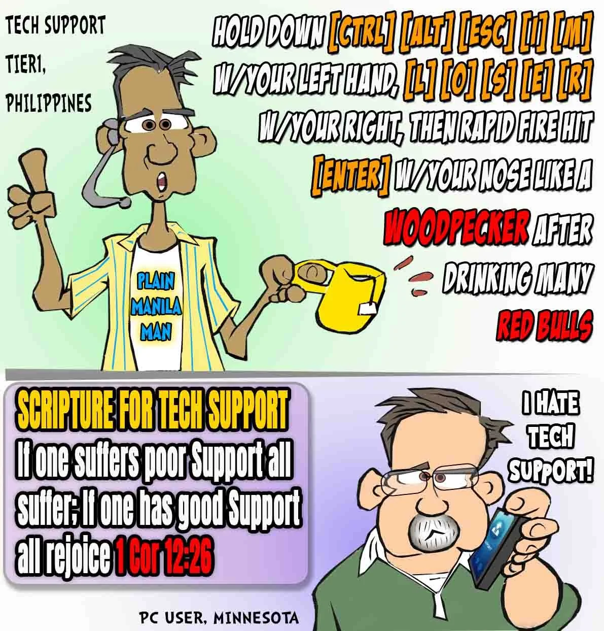 Christian Cartoon featuring computer tech support frustrations