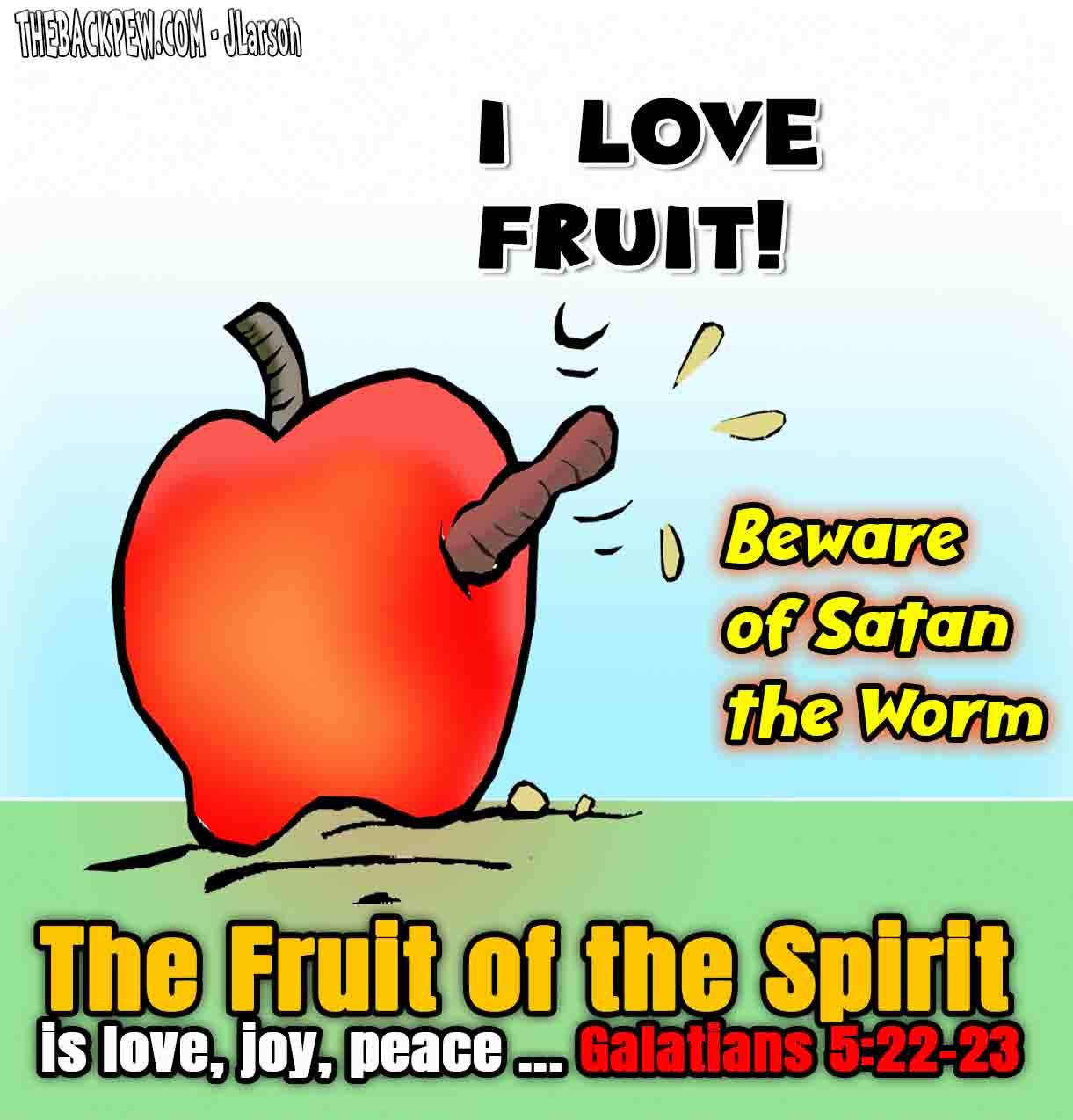Christian cartoon of the fruit of spirit while bothered by stan thee worm