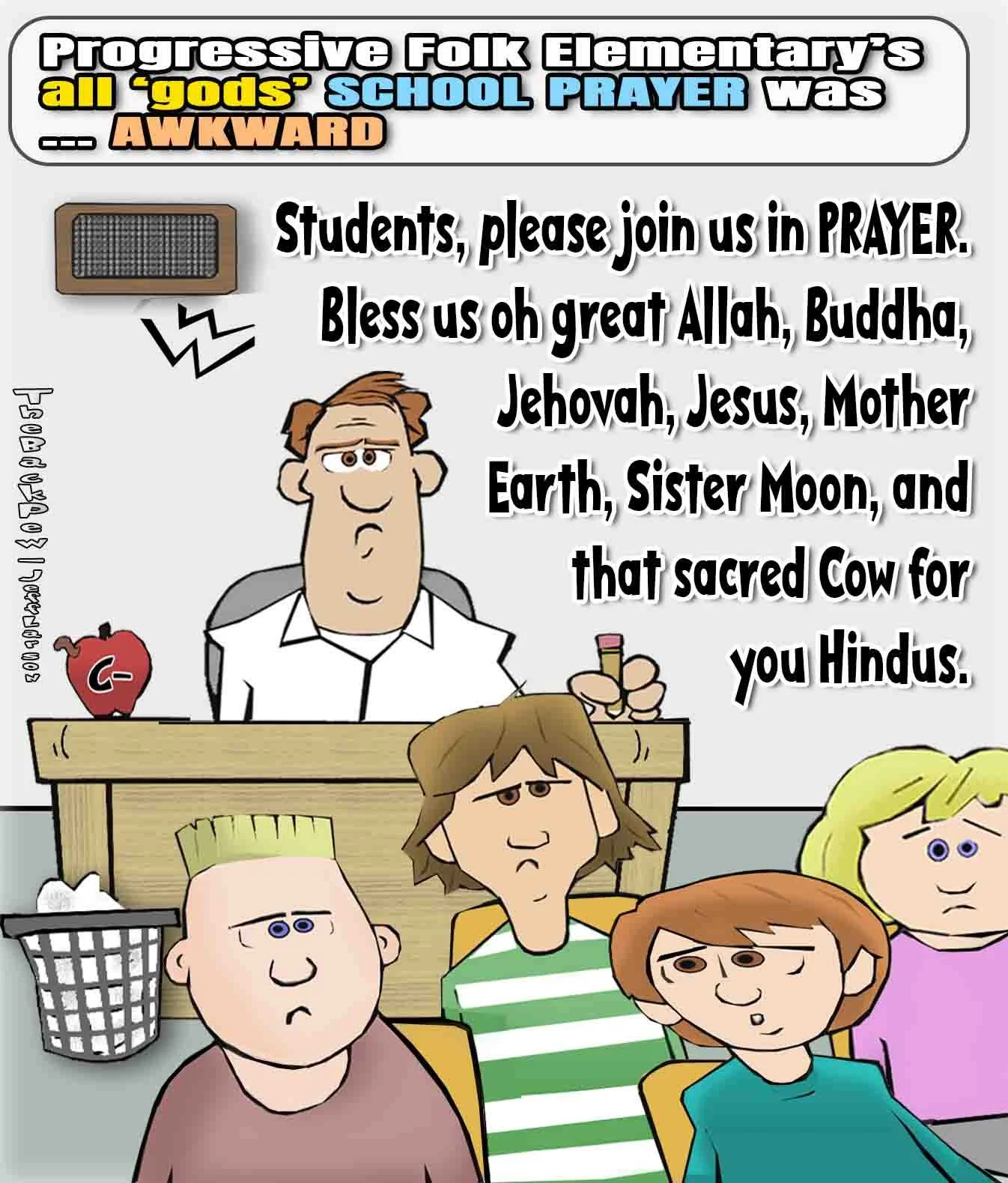 School Cartoon of an awkward all inclusive School Prayer