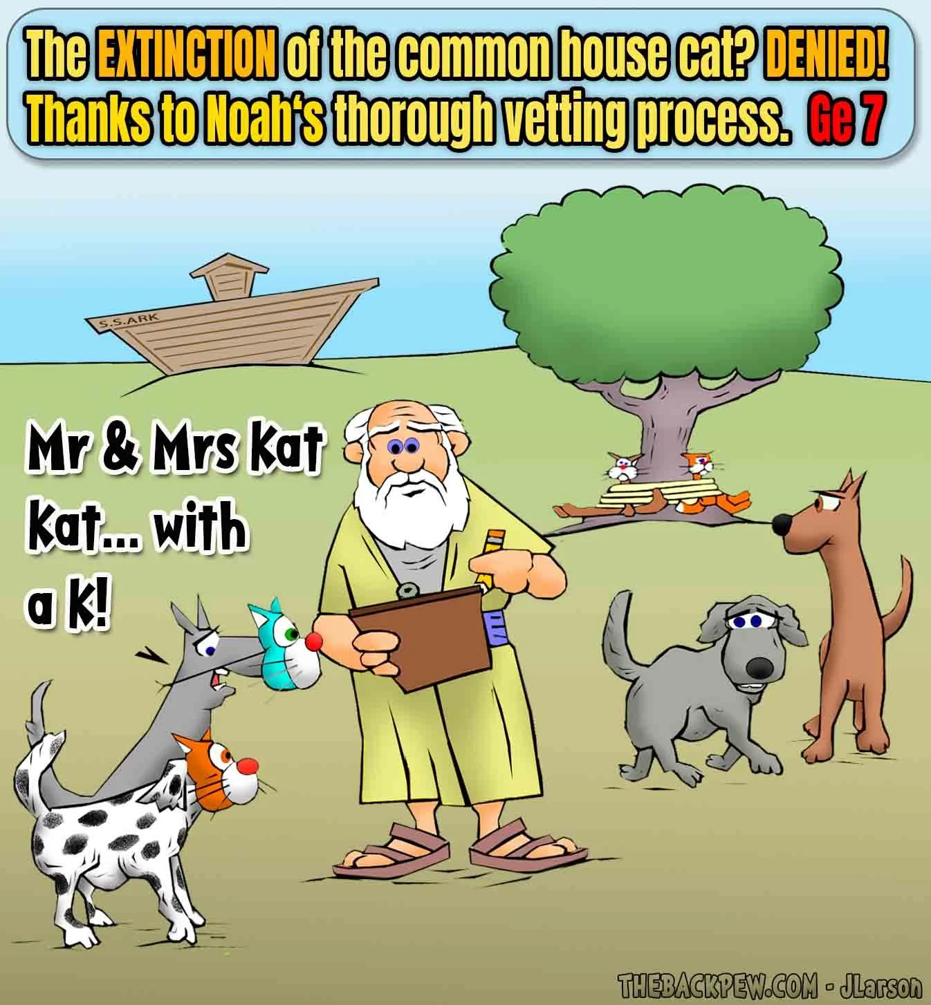 Bible cartoon featuring Noah vetting the animals 2 by 2 into the ark. Genesis 7
