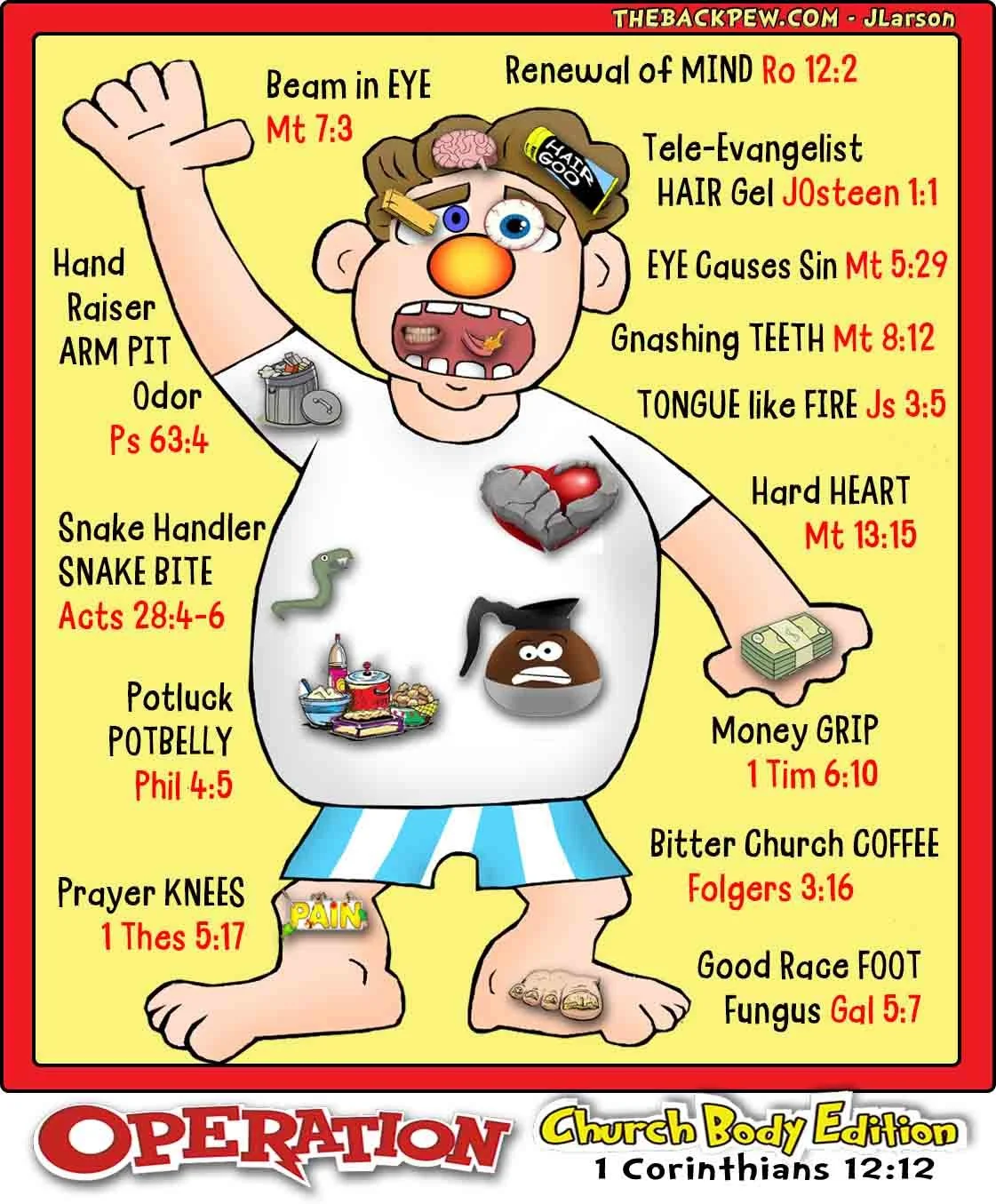 Church cartoon illustrating 1 Corinthians 12:12 as the old Operation Board Game