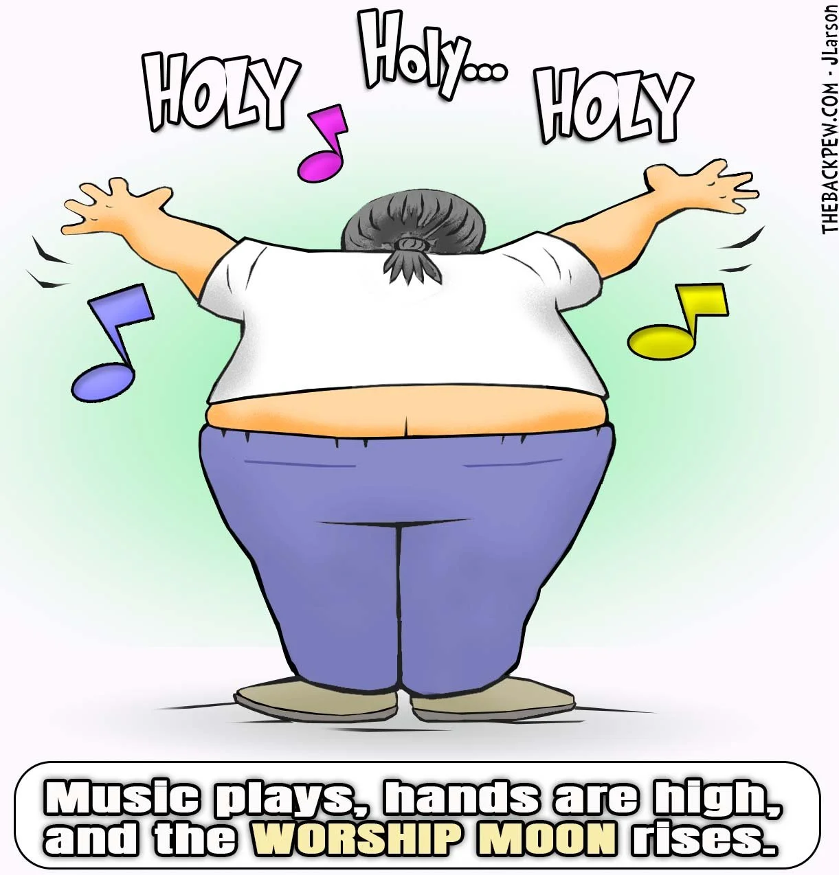 Worship cartoon of man raising hands in praise and the moon is  now rising