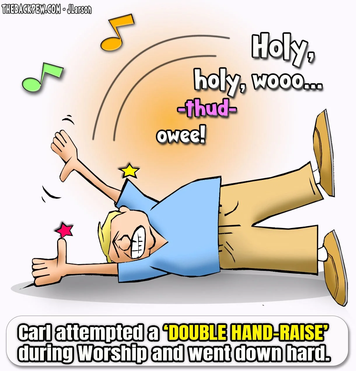 Worship cartoon of man raising both hands in worship then losing his baance