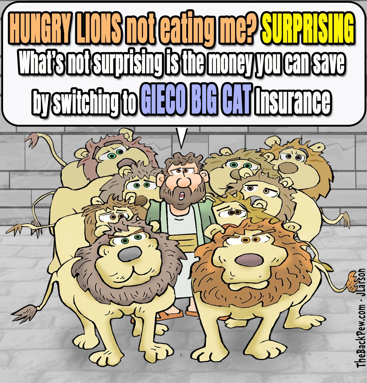 Bible Cartoon of Daniel in Lion's Den GIECO commercial