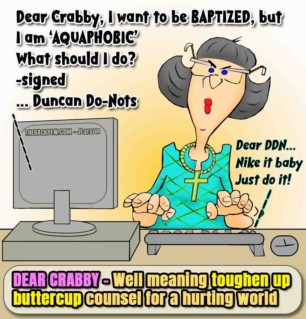 Christian Cartoon featuring online Christian counseling regarding baptism