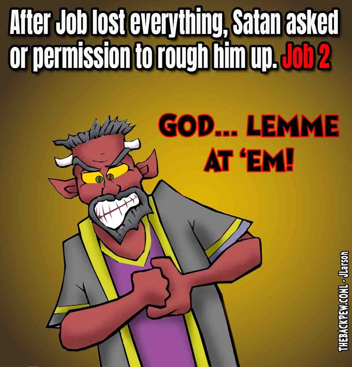 Bible Cartoon of Satan asking God to rough up Job