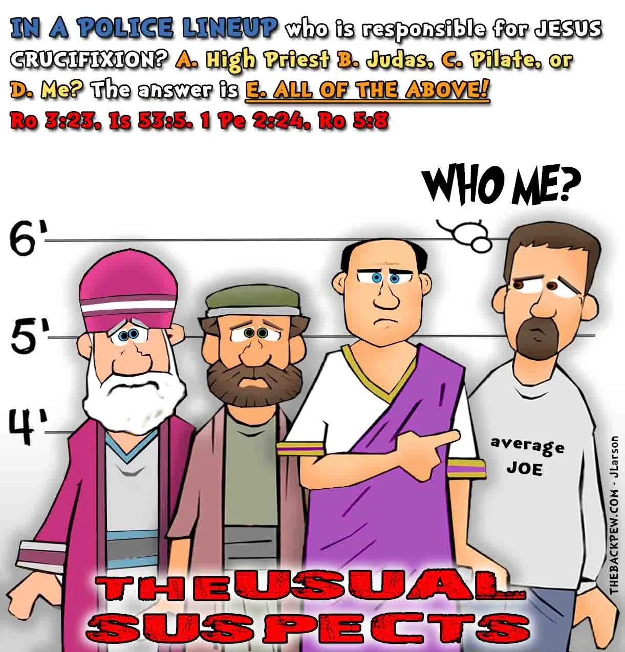 Good Friday Cartoon using a police lineup to illustrate Jesus died for all of us sinners