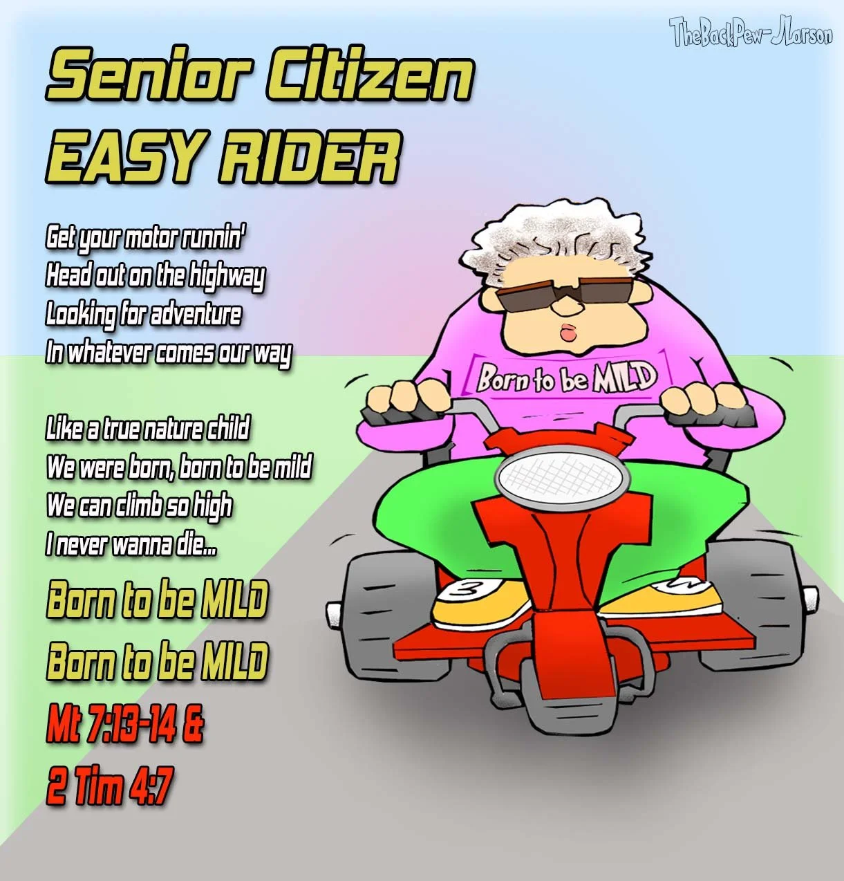 Senior Citizen Cartoon of woman riding her rascal scooter, Easy Rider