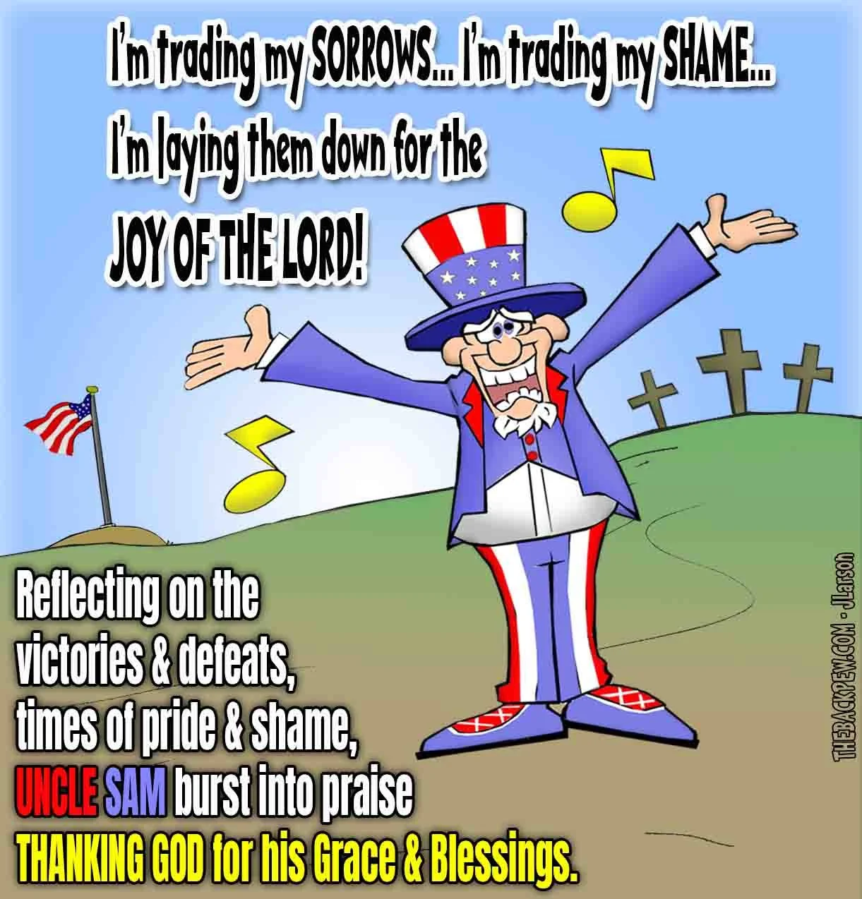 Christian Cartoon of Uncle Sam praising God