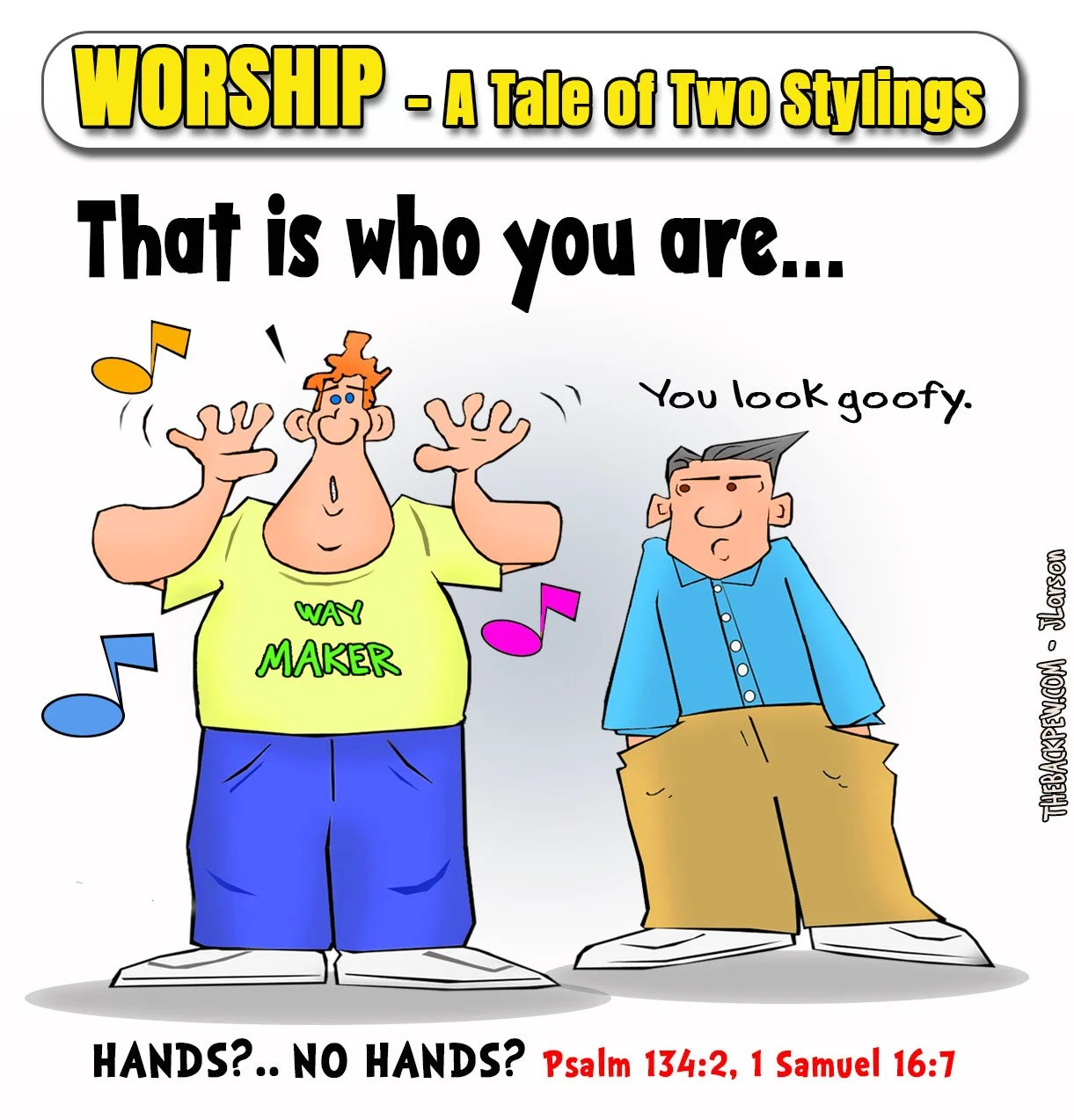 Worship Cartoon raising the question, Hands or no hands?