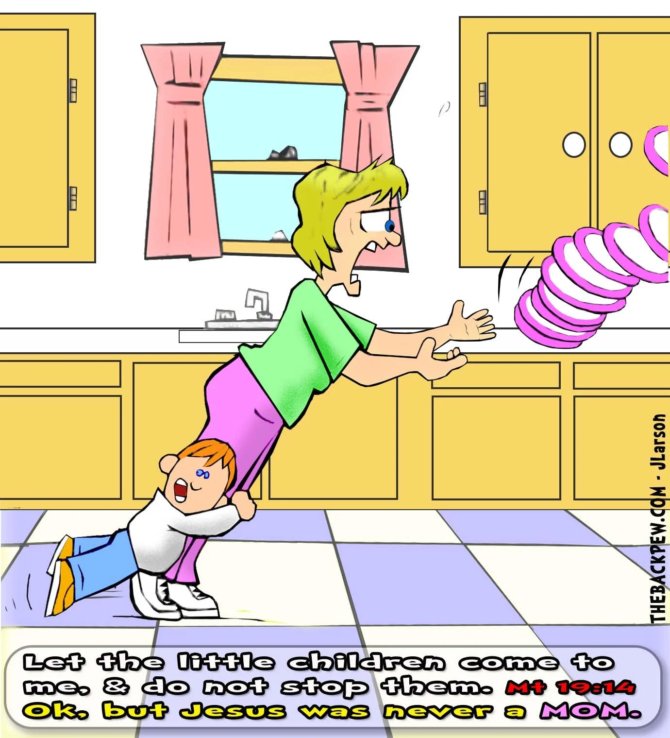 Mom cartoon of toddler surprise attack on mom