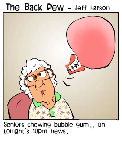 Senior Citizen Cartoon of womand chewing bubble gum with dentures
