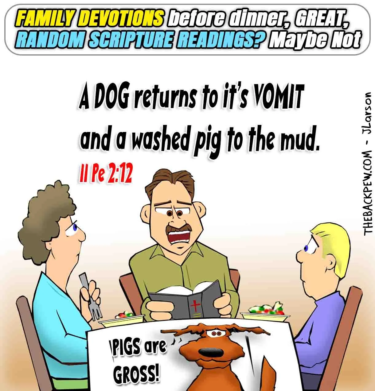 Christian Cartoon of family having awkward devotions