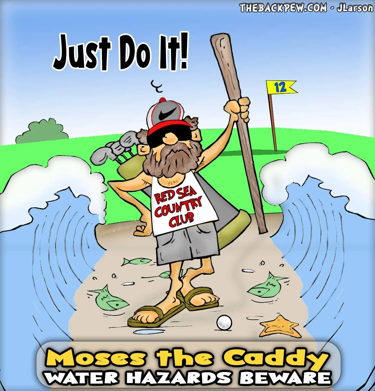 Moses cartoon of Moses as a caddy parting the water hazards
