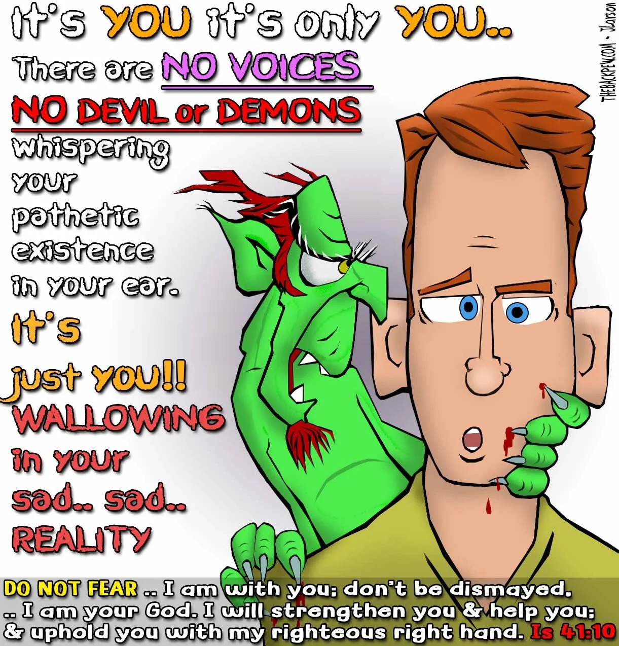 Christian Cartoon beware of those lies whispered in our ear