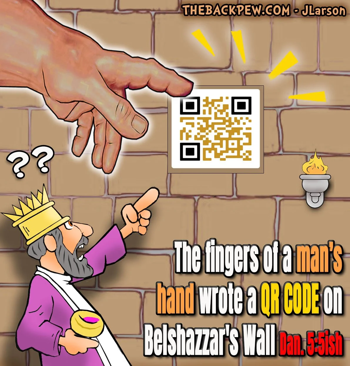 Bible Cartoon of QR Code written on Belshazzar's Palace Wall. Daniel 5:5