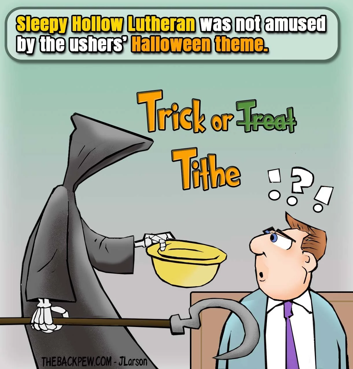 Church Cartoon of usher with Halloween Theme