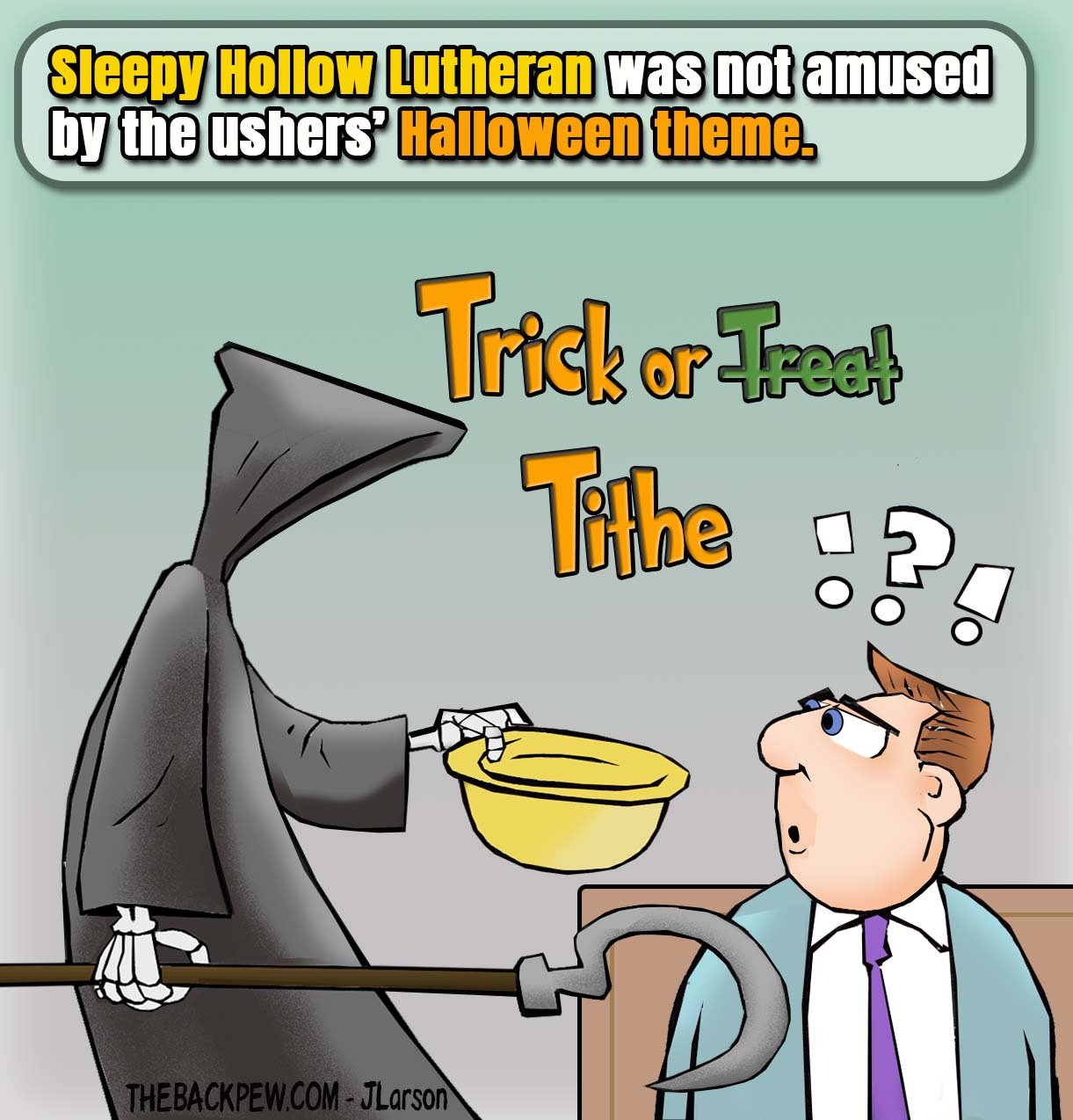 Church Cartoon of usher doing a Halloween Trick or Tithe theme