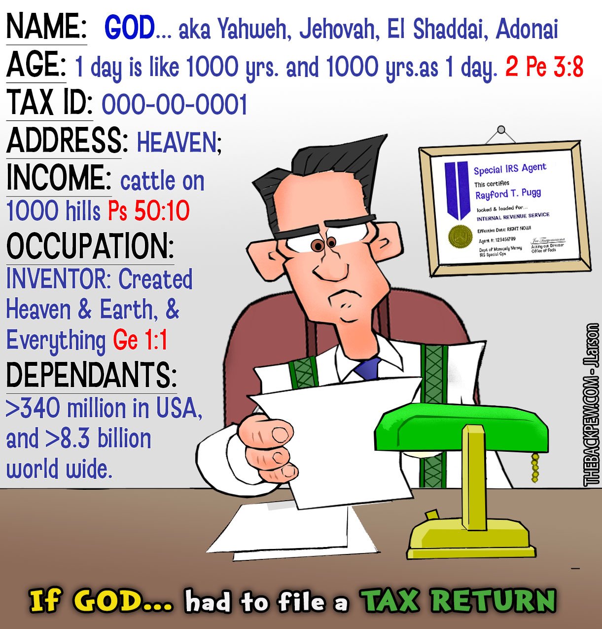 Christian Cartoon pondering, what if God had to file a Tax Return