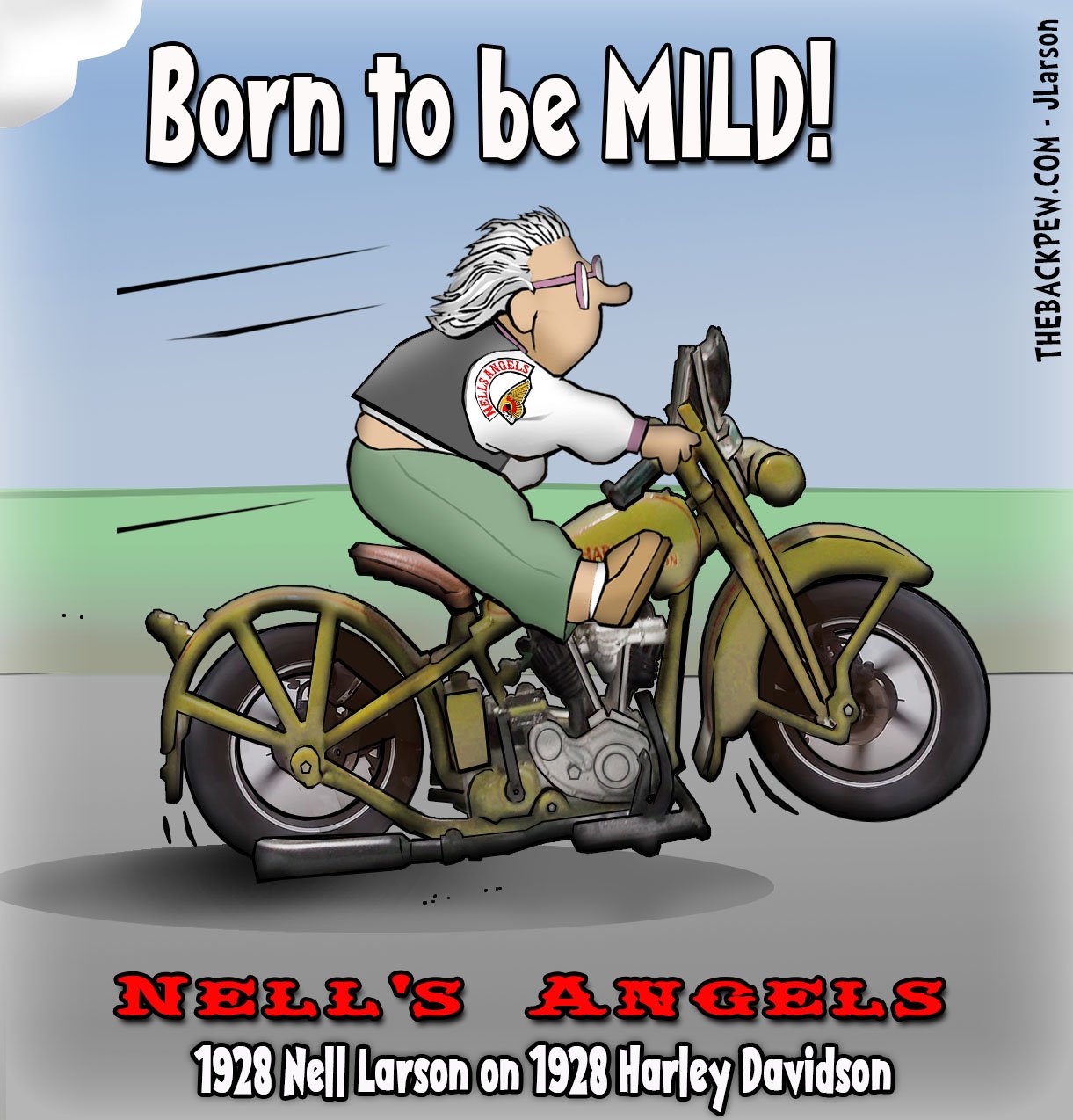 Senior Citizen of a woman riding a vintage Harley Davidson