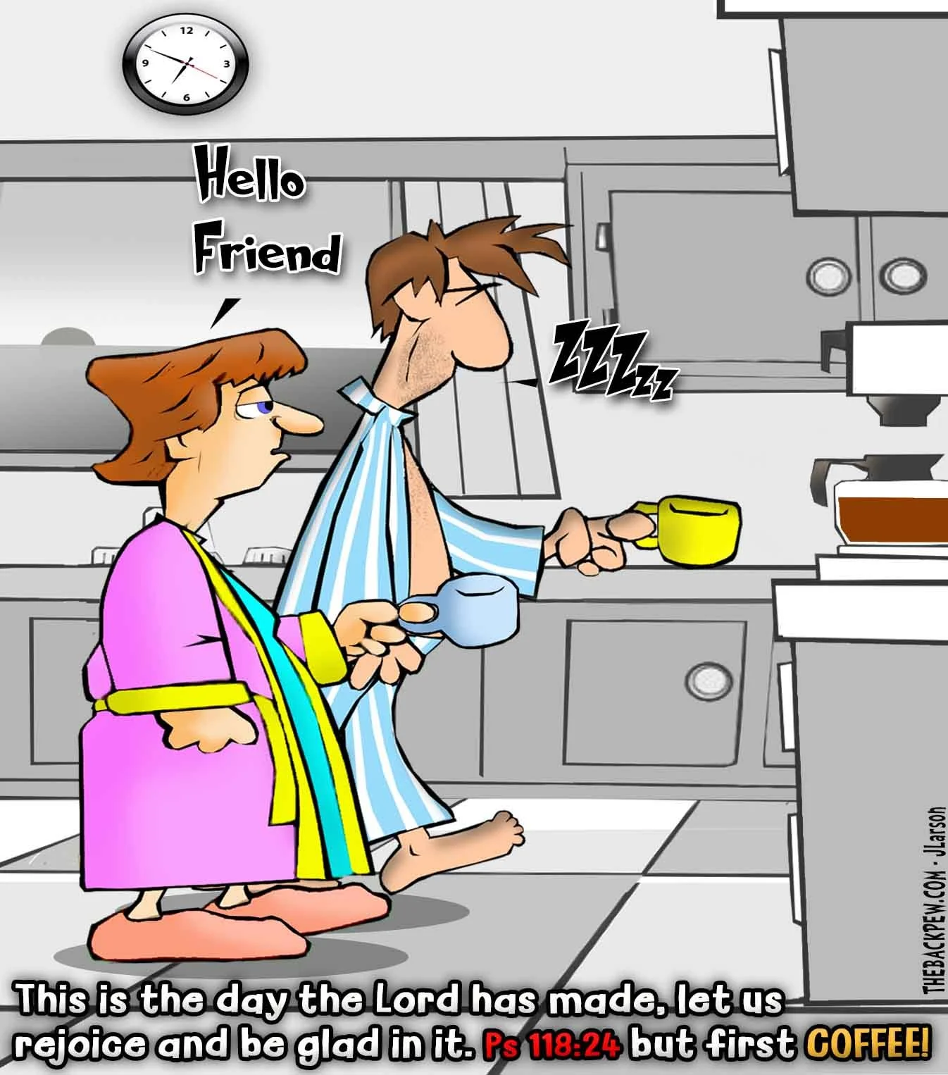 Coffee Cartoon featuring a couiple rejoicing in a new day, but first... COFFEE