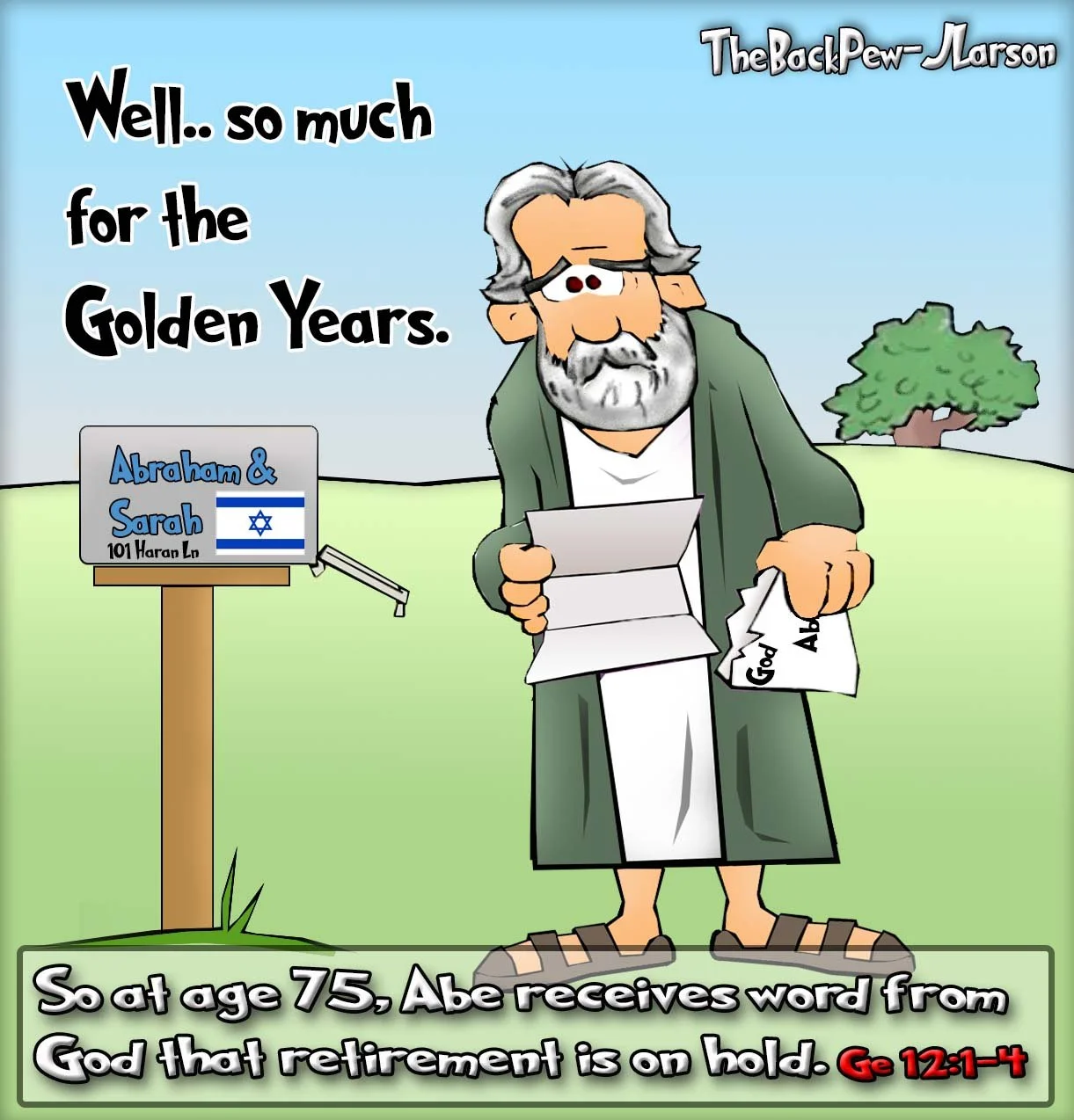 Bible Cartoon of Abraham bemoaning his golden years