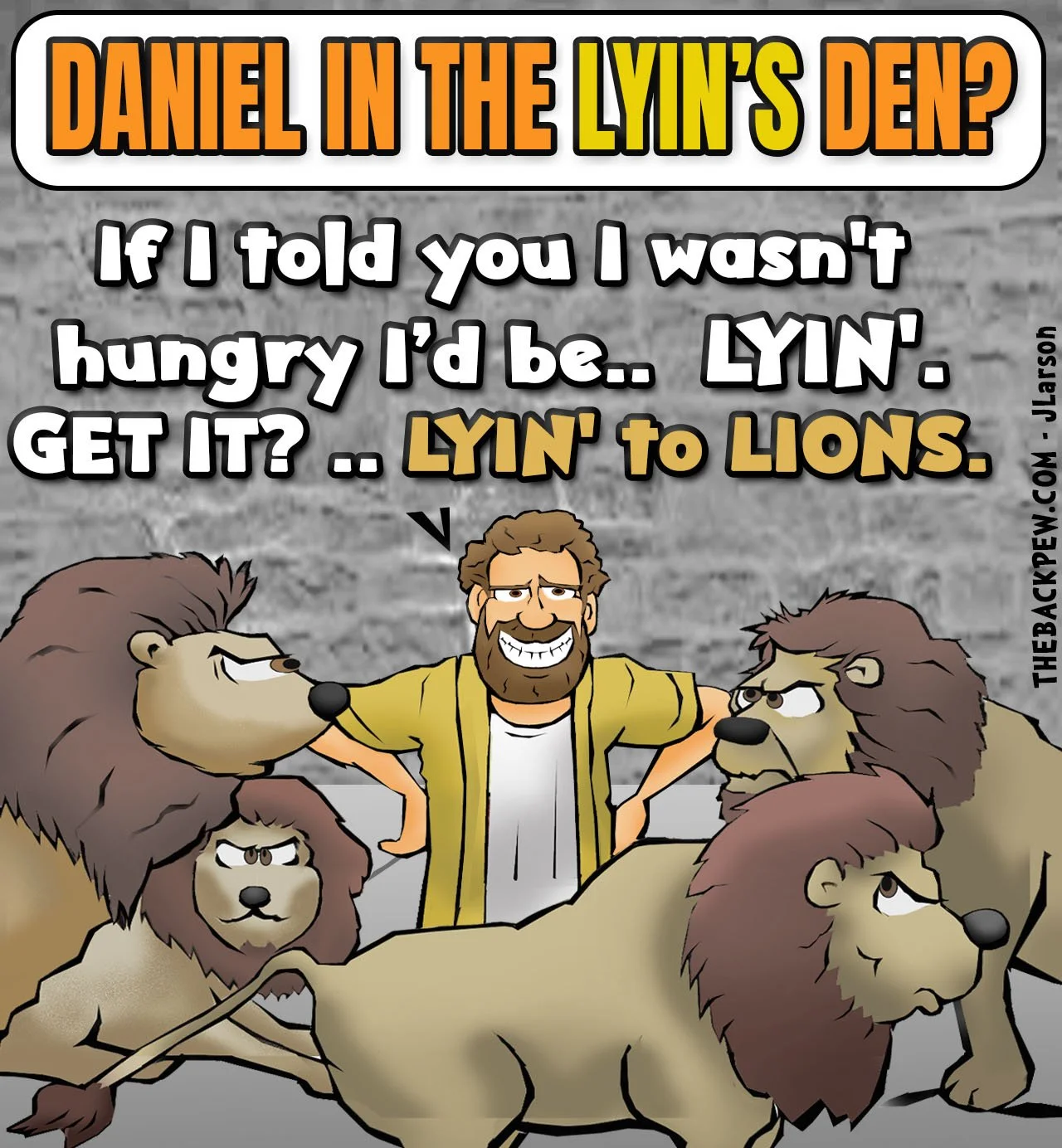 Bible cartoon of Daniel lyin' to lions. Daniel 6