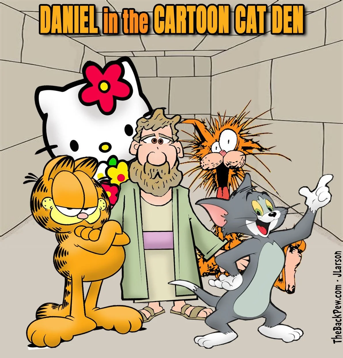 Bible Cartoon of Daniel in Cartoon Cat Den