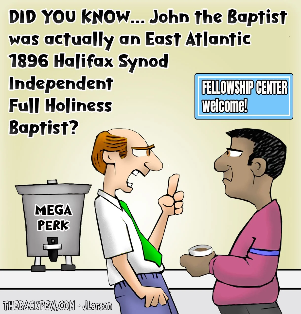 Coffee Cartoon of a know it all sharing obscure church history lessons