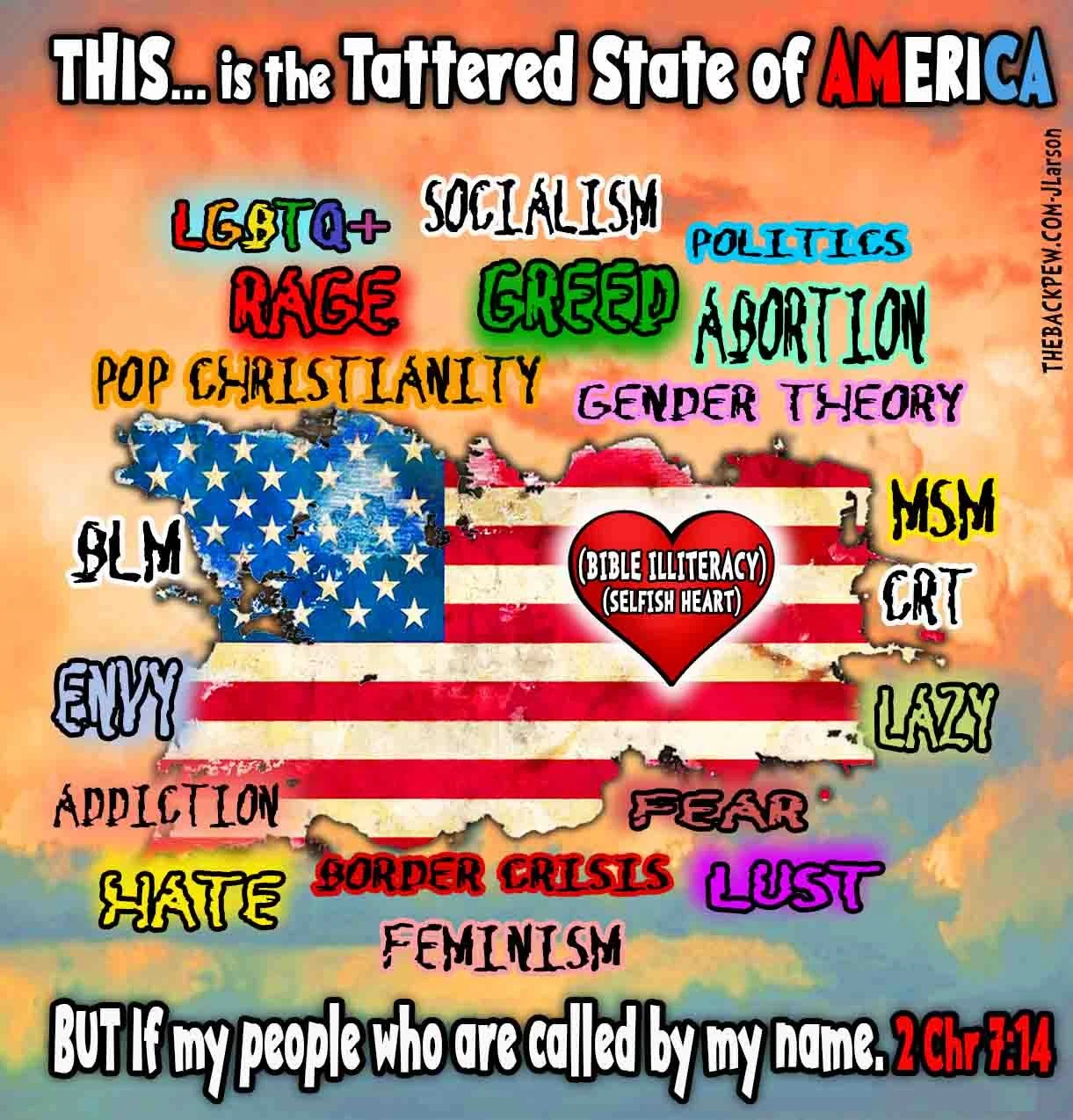 Christian Cartoon of the tattered state of America