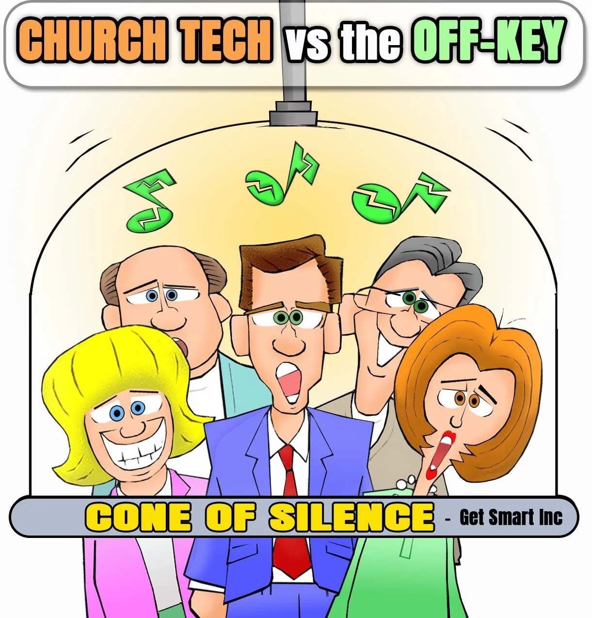 Worship Cartoon featuring the CONE OF SILENCE to mute the flat and pitchy attending Loopy Lutheran