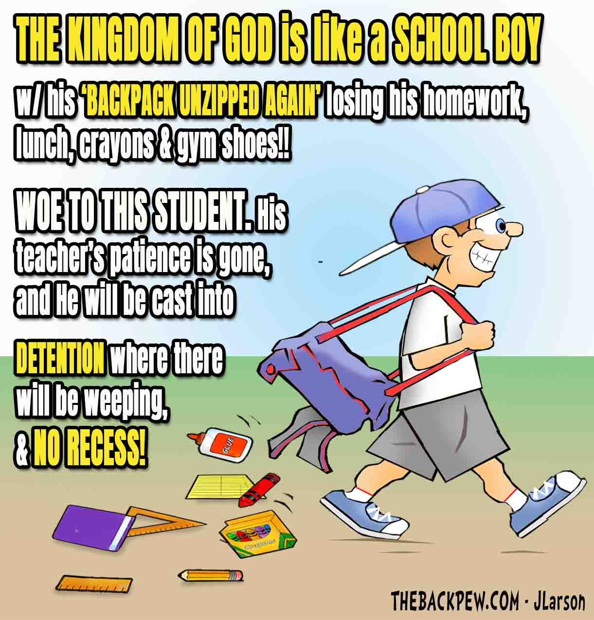 School Cartoons of preschooler with unzipped backpack