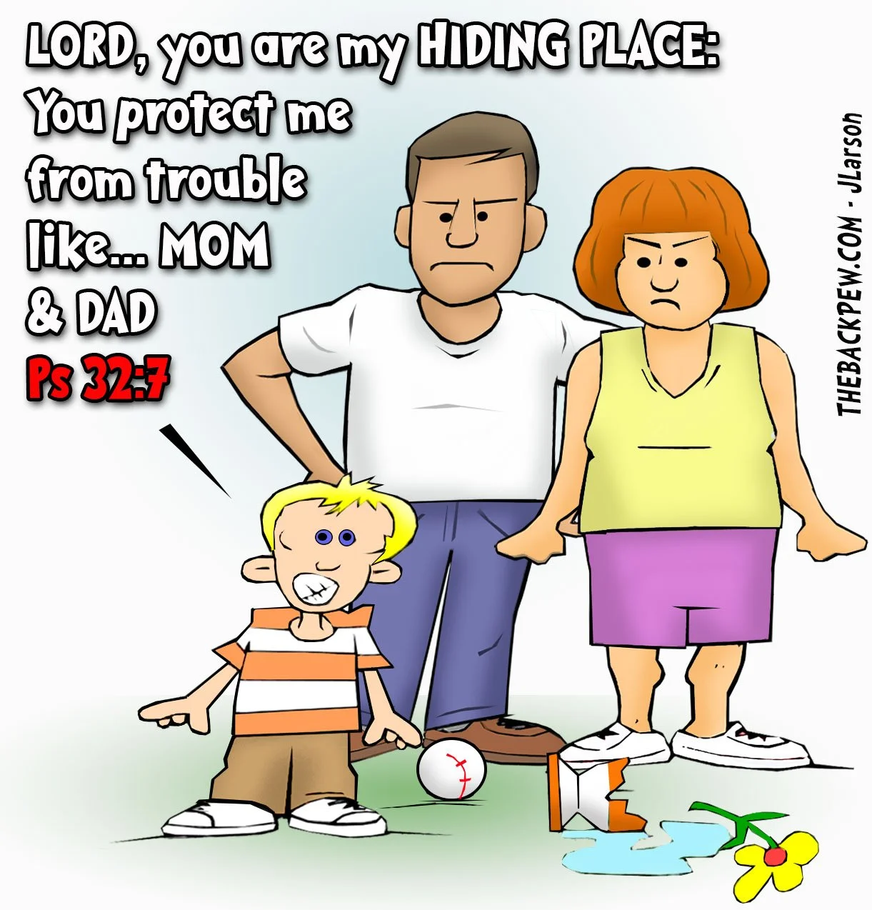 Family Cartoon of child praying for God to hide him after he broke a vase in the house with his baseball
