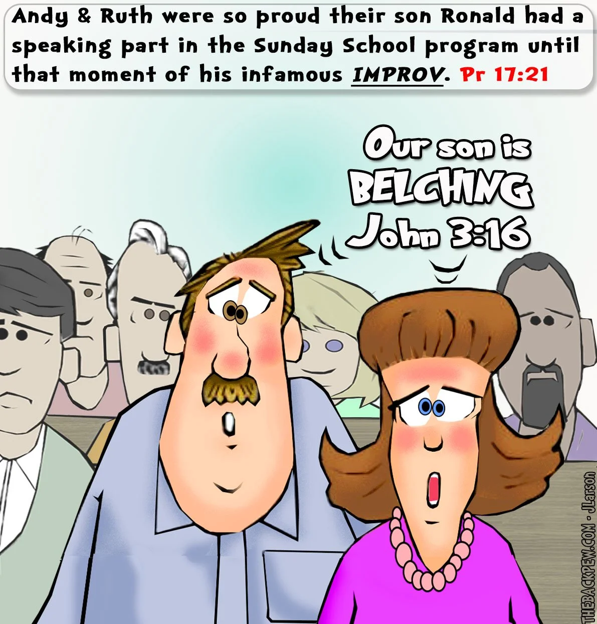 Church Cartoon of embarassed parents of son who belched John 3:16 at Sunday School Program