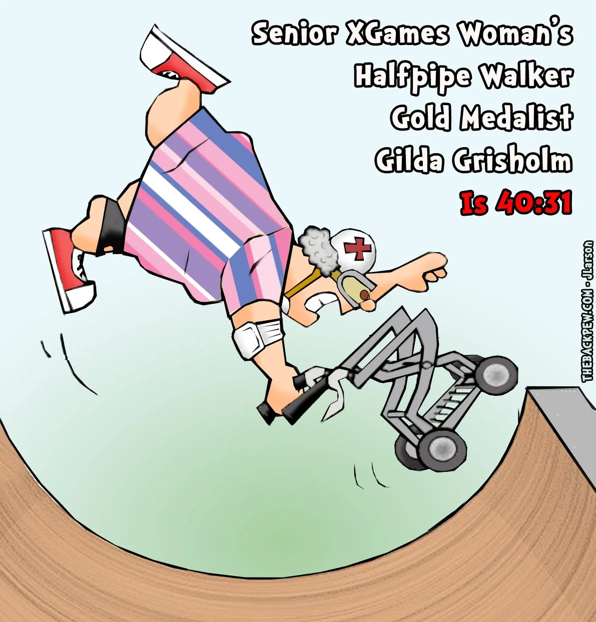 Senior Citizen Cartoon of elderly woman doing a halfpipe with her walker