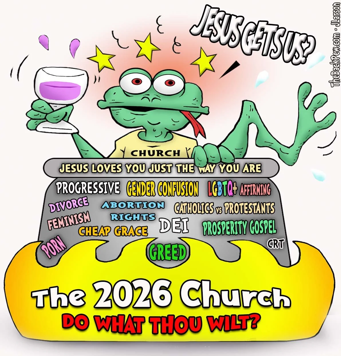 Christian Cartoon where the frog in the boiling pot is the church in our secular culture not realizing the danger