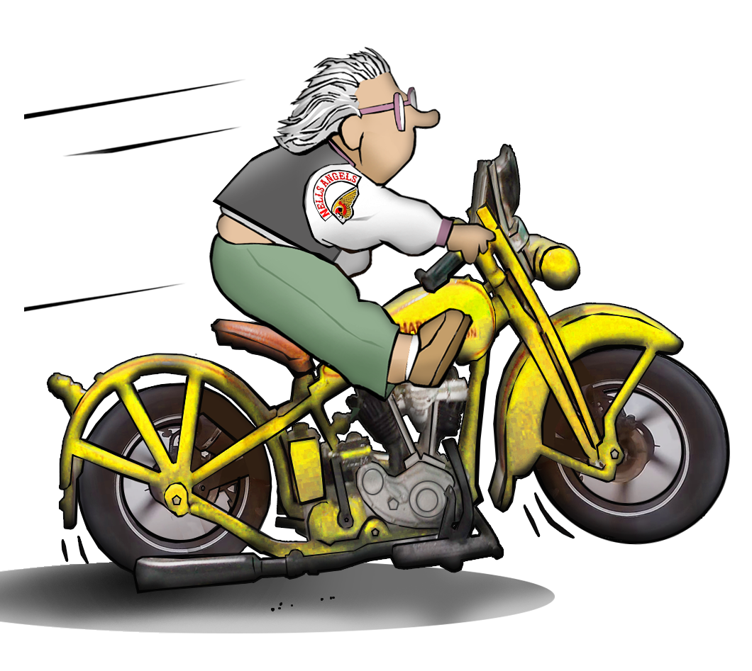 Senior Cartoon of old woman riding a harley