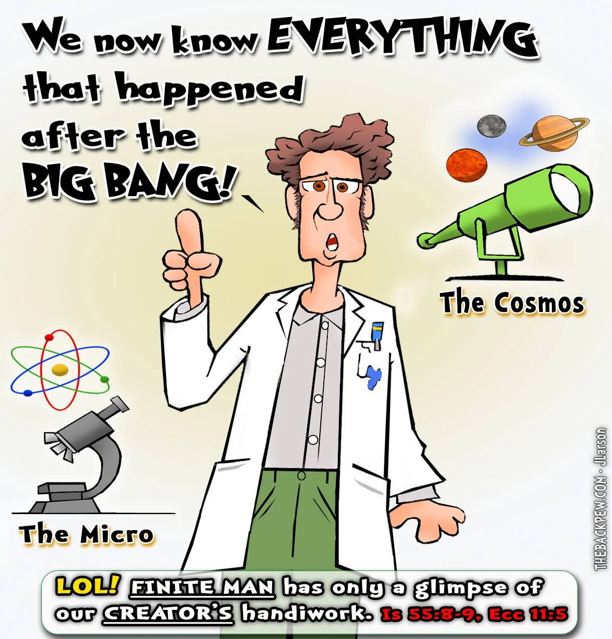 Science Cartoon illustrating FINITE MAN/SCIENCE trying to comprehend INFIINITE GOD