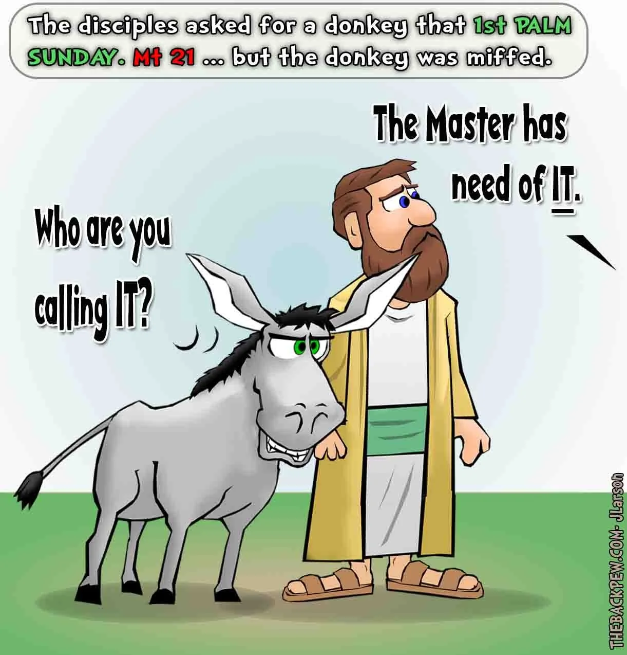 Palm Sunday cartoon of selection of the donkey for Jesus