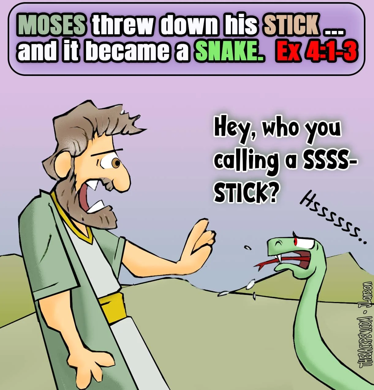 Bible Cartoon of Moses throwing down his stick and it became a snake.