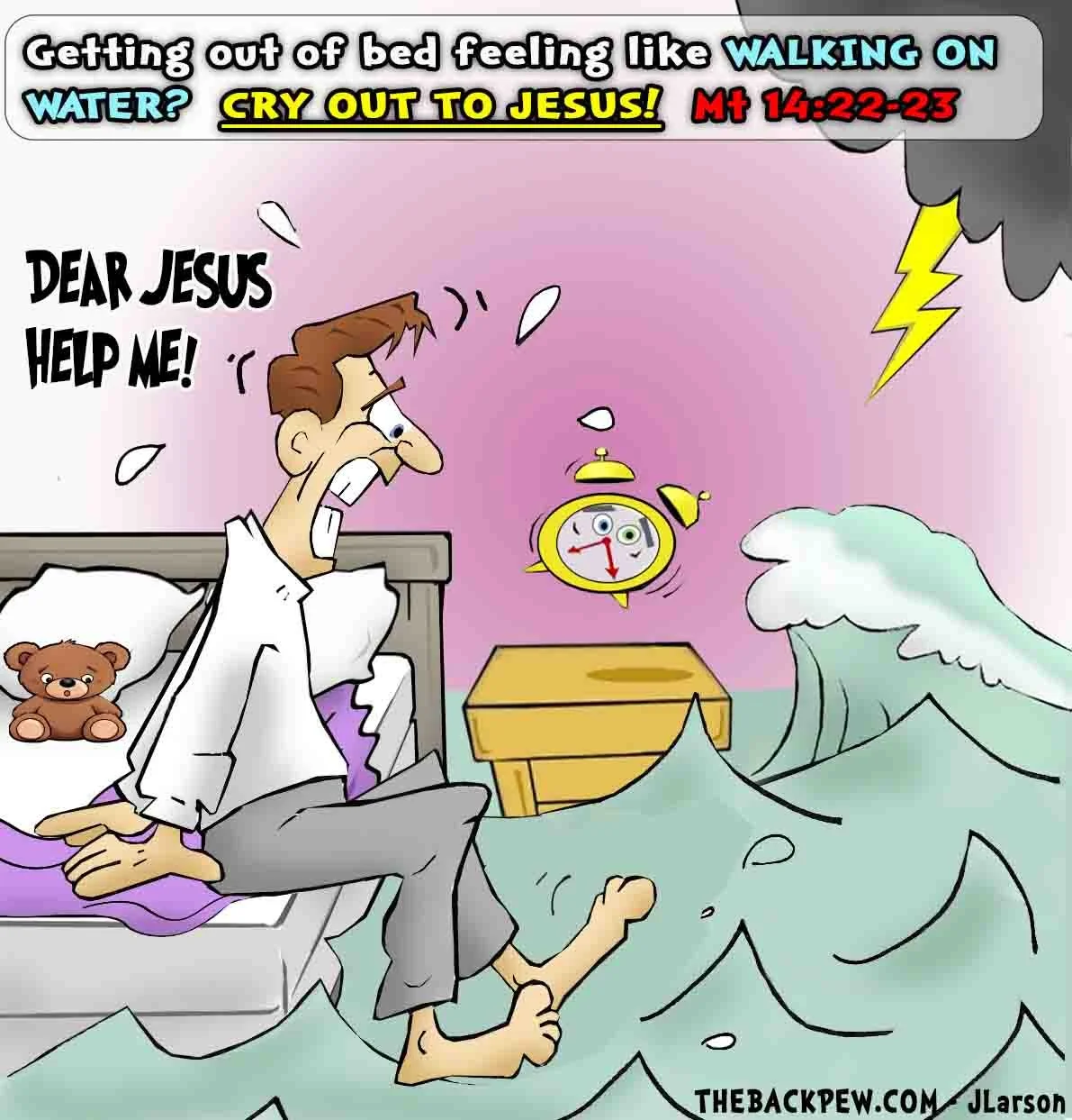 Christian Cartoon of terrified man sitting on his bed surrounded by stormy waves. Matthew 14:22-23