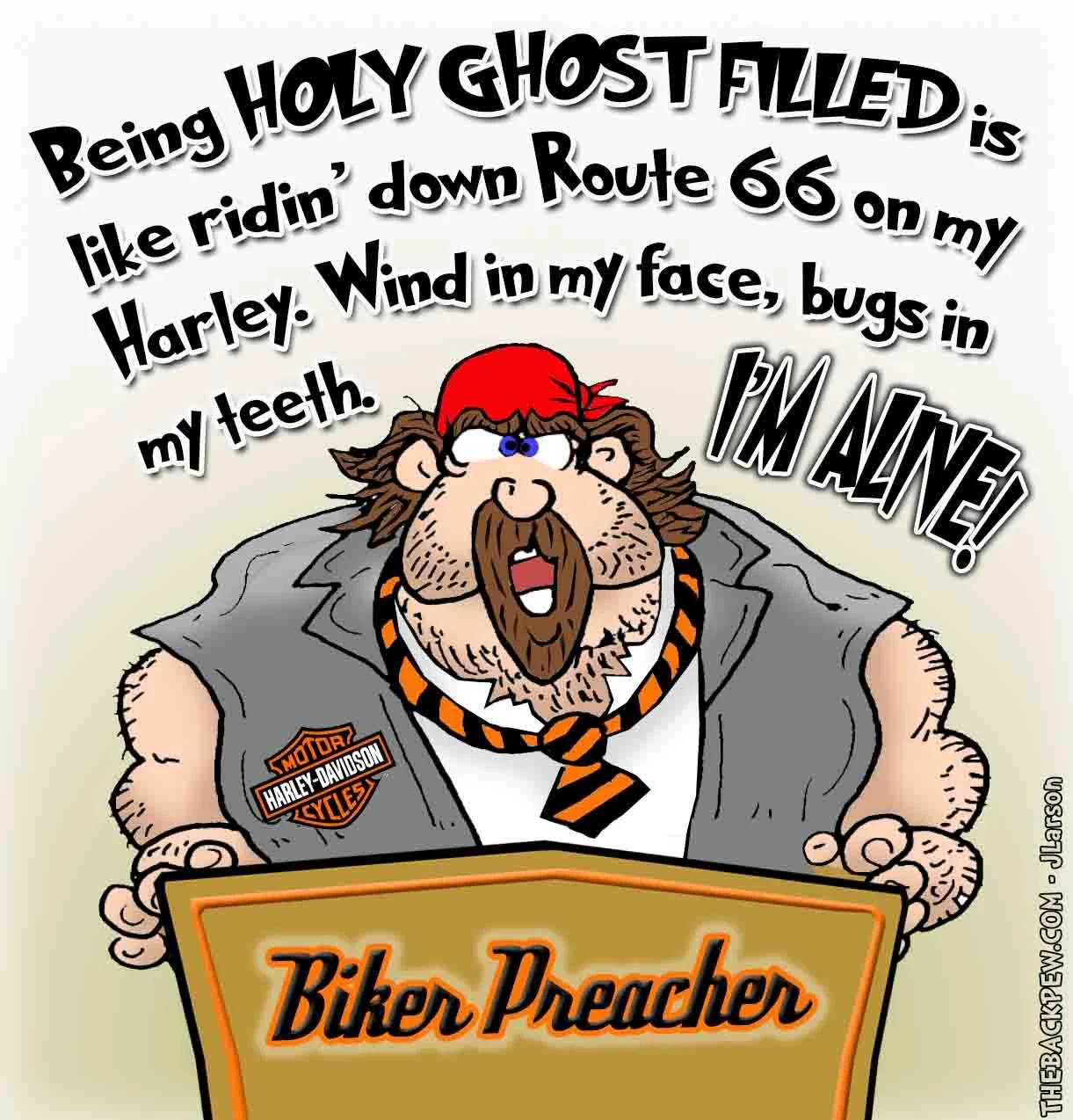 Christian Caartoon featuring a Biker Preacher with his Route 66 Spirit