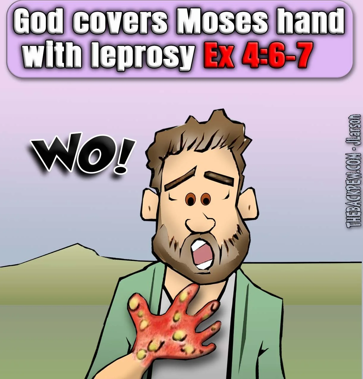 Moses cartoon of when God covered his hand with leprosy