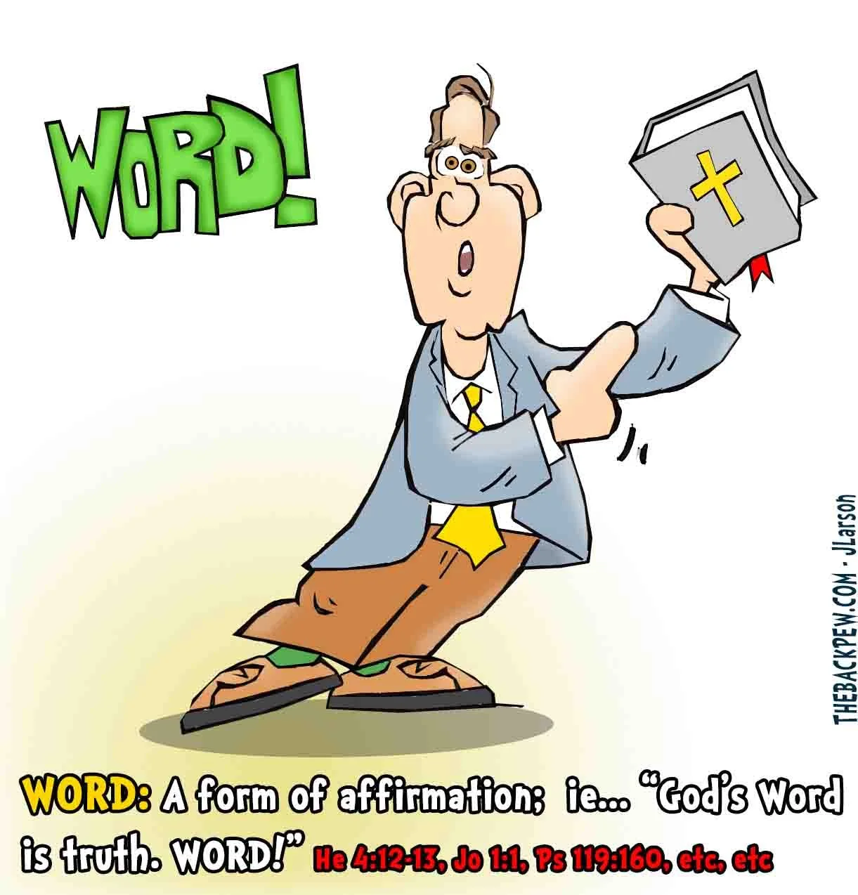 Bible StudyCartoons - character exclaiming "Word!" while holding a book with a cross, symbolizing affirmation or Biblical truth.