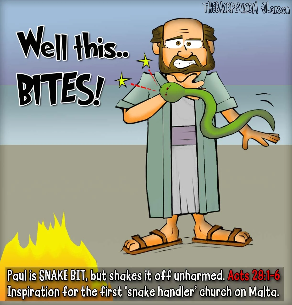 Bible Cartoon featuring Paul being snake bit on the Island of Malta