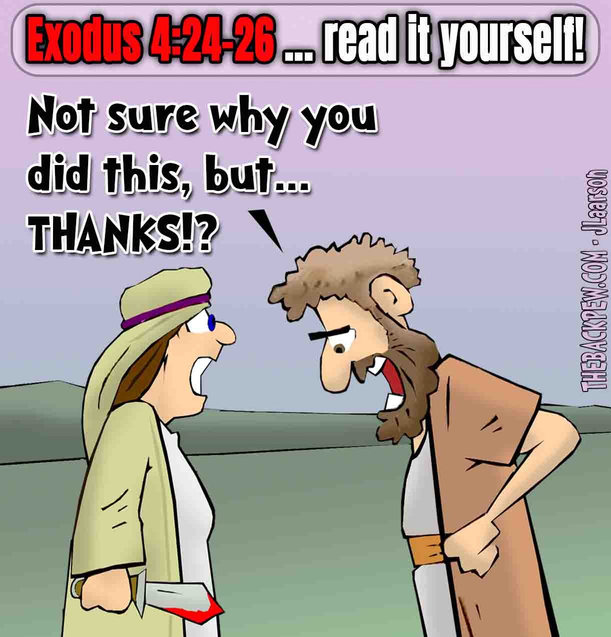 Bible cartoon of Zipporah and Moses in Exodus 4