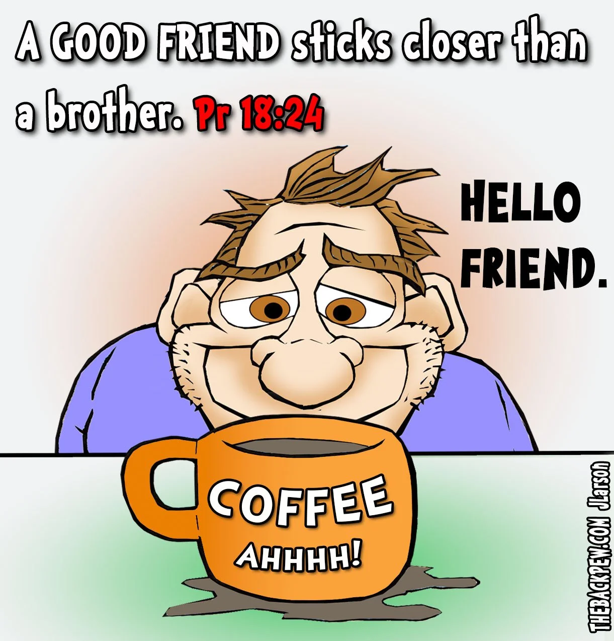 Coffee Cartoon of man greeting his morning cup of coffee as friend