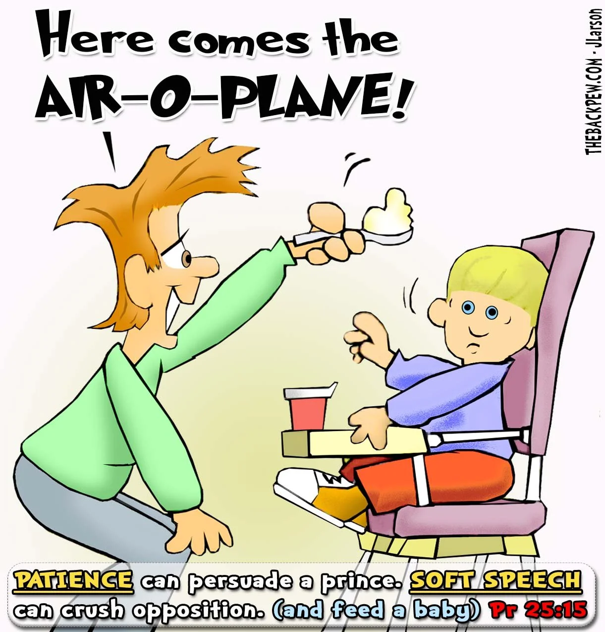 Christian Cartoon of mom feeding baby using Proverbs 25:15 as her guide