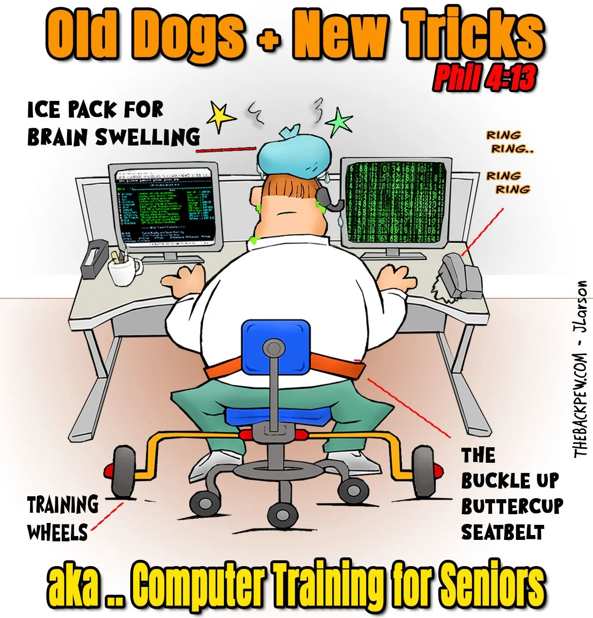 Christian Cartoon of Senior Citizen learning technology