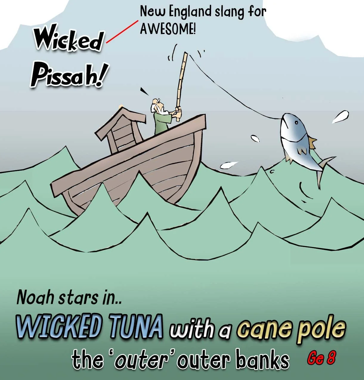 Noah cartoon of fishing while on the Ark